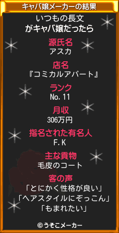 いつもの長文のキャバ嬢メーカー結果