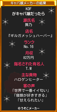 KOFのキャバ嬢メーカー結果